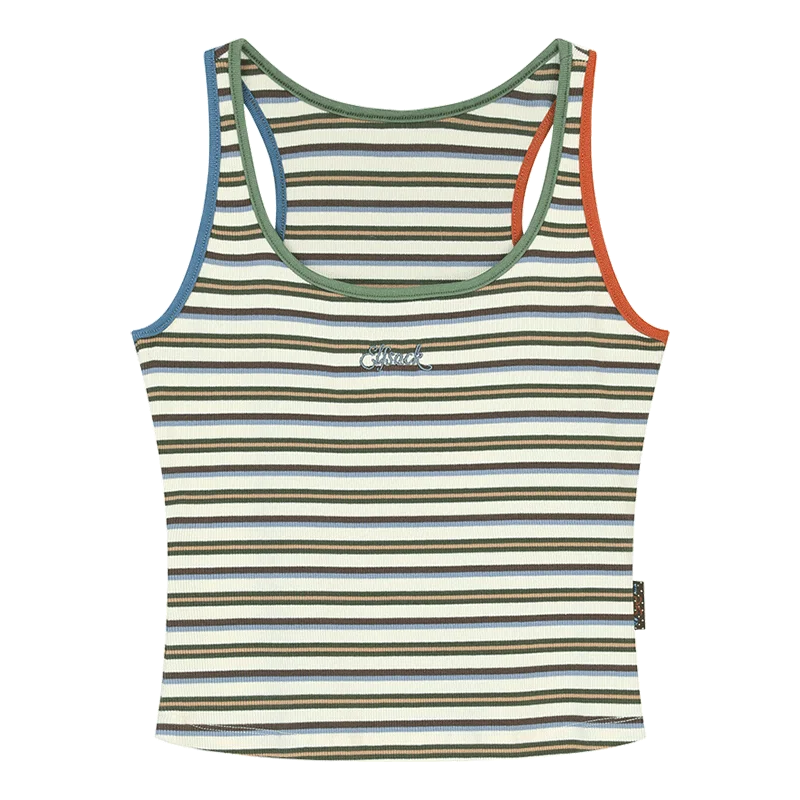 A sleeveless striped tank top with a cream base and horizontal stripes in olive green, blue, and orange. It features a scoop neck with contrasting colored trim (blue on the left, orange on the right) and a small embroidered logo on the chest.