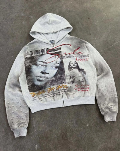 Soft Grunge Face Print Zip Up Hoodie