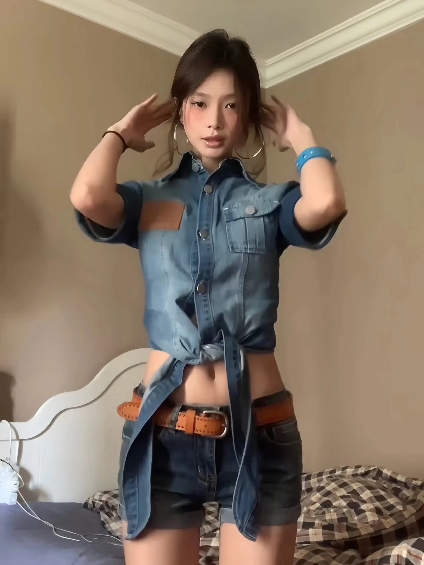 2000s Crop Denim Shirt Half Sleeve Blouse