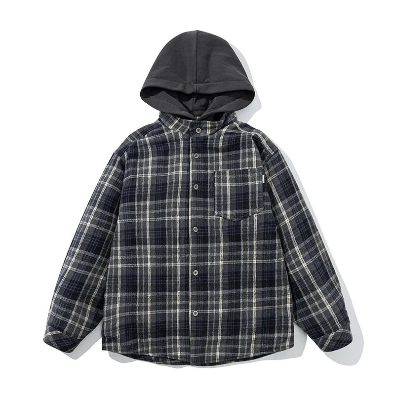 Hooded Plaid Pocket Puffer Jacket