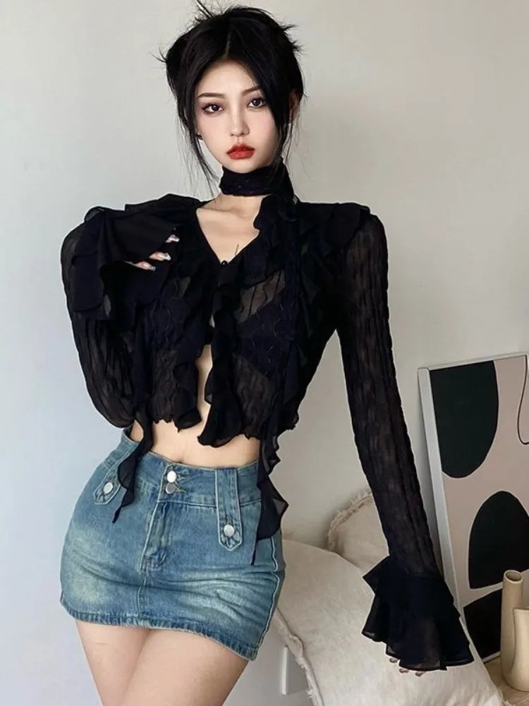 Grunge Black Women's Ruffled Blouse