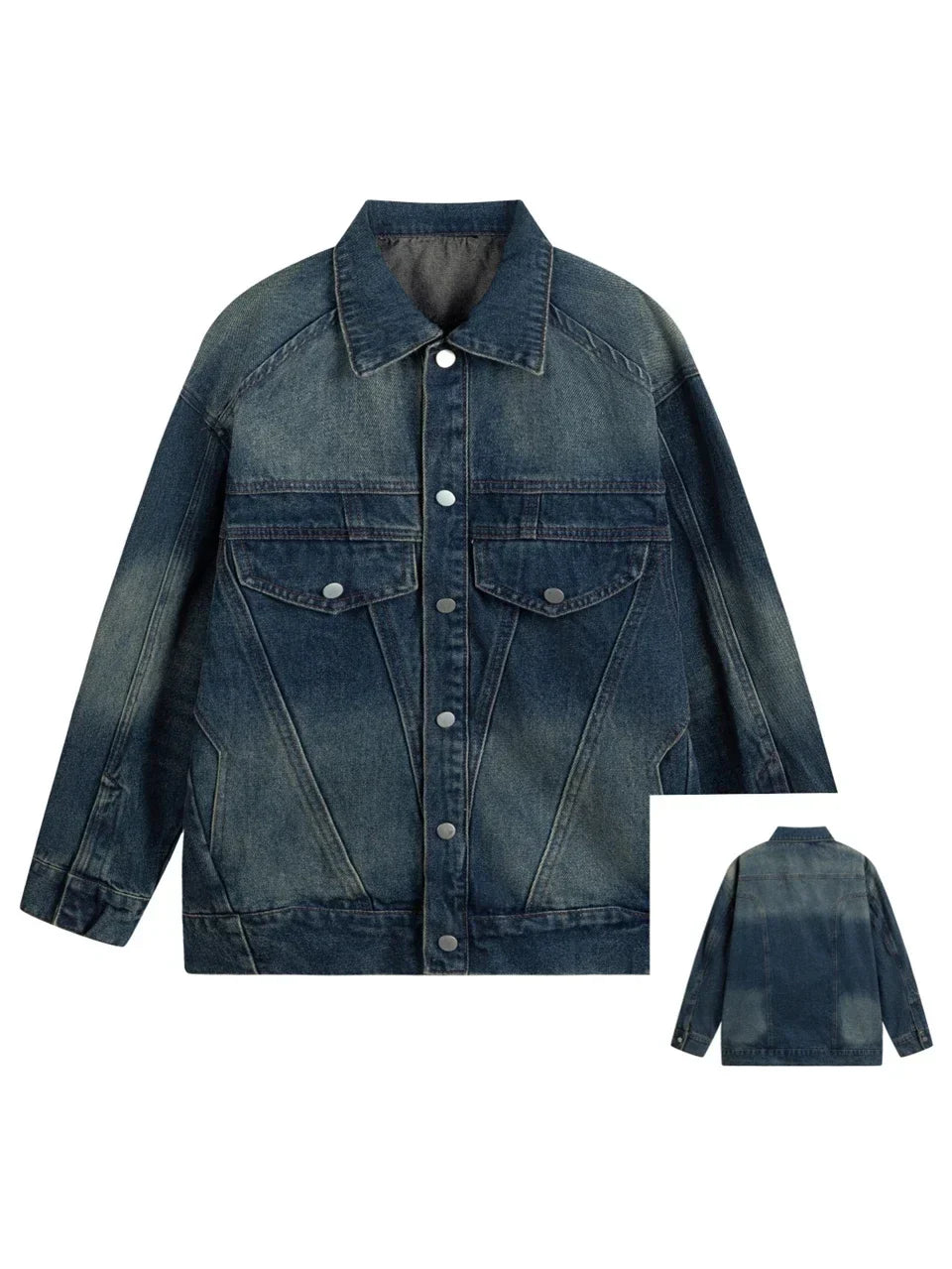 V-neck Washed Dark Blue Denim Jacket