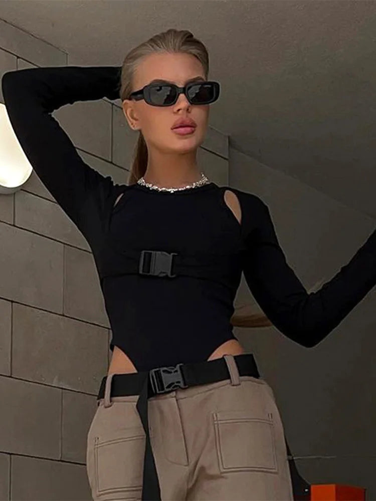 School Bags Buckle False Two Pieces Skinny Bodysuit