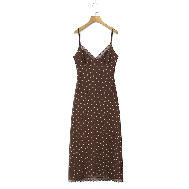 Brown & Black Backless Sling Polka Dot Long Dress
