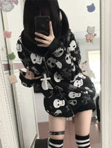 Cyberpunk Skull Print Zip-Up Goth Hoodie