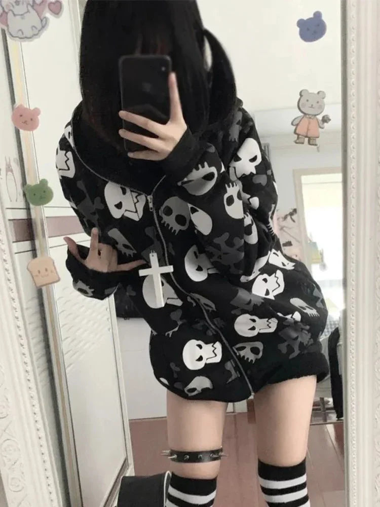 Cyberpunk Skull Print Zip-Up Goth Hoodie
