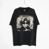 Vintage Porträtmuster Bedrucktes Schwarzes T-Shirt
