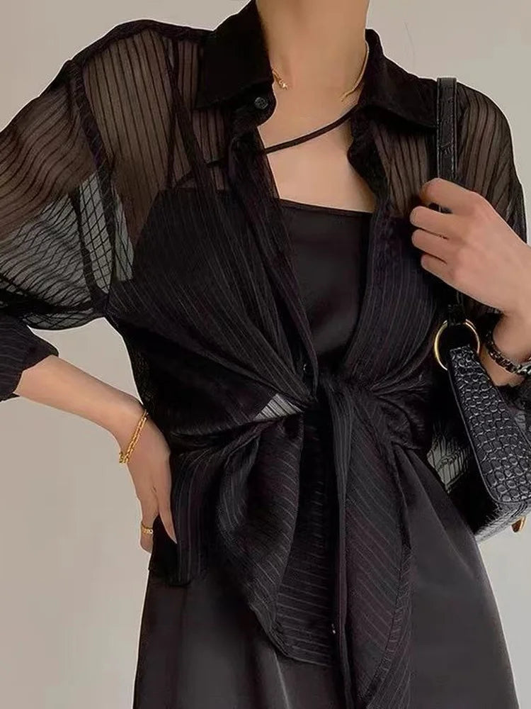 Corporate Girlie Black Striped Button-Down Shirt