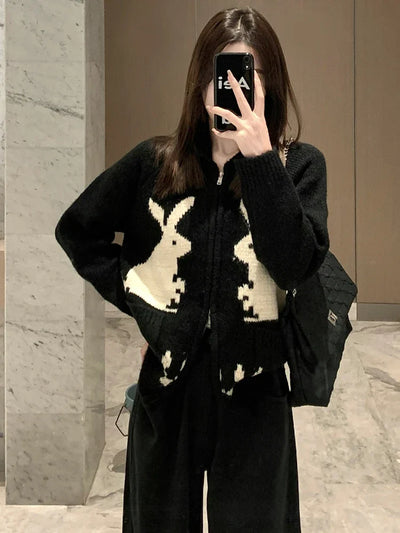 Acubi Cozy Knitted Rabbit Print Cardigan