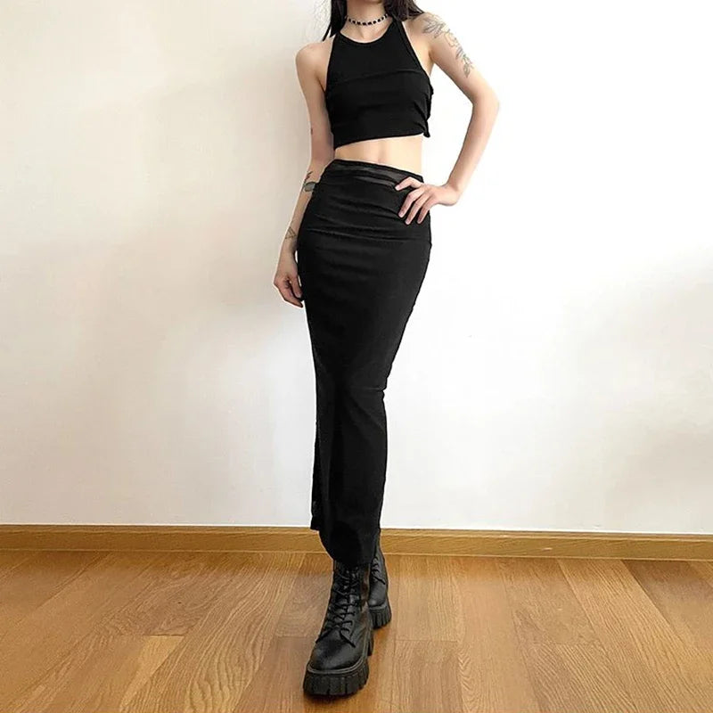 Sexy Mesh Patchwork Black Long Skirt