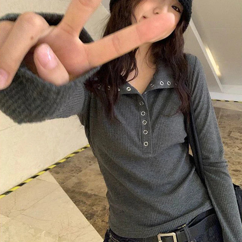 Cozy Gray Knitted Button-up Sweater