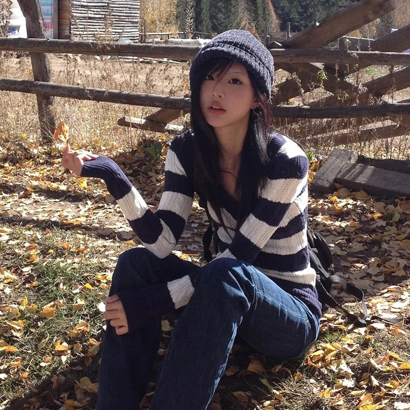 Y2k Striped V-Neck Sweater