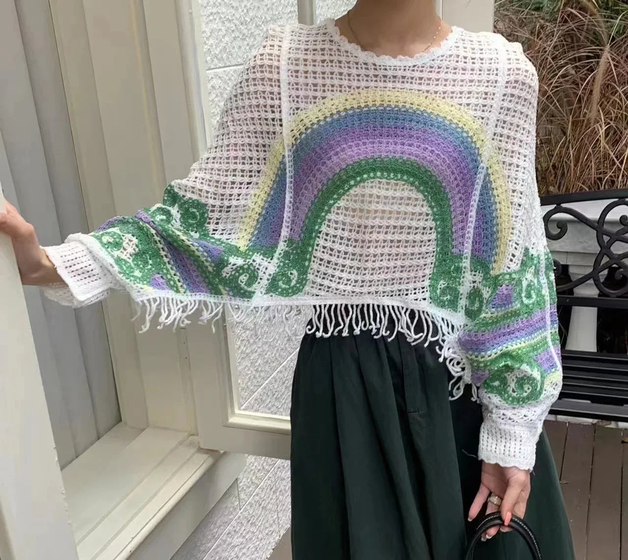 Handmade Knitted Embroidery Rainbow Crochet Top