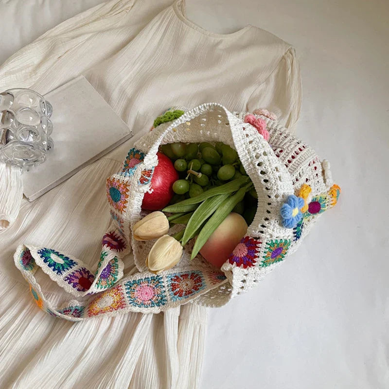 Vintage Boho Tote Bag Floral Crochet Handbag