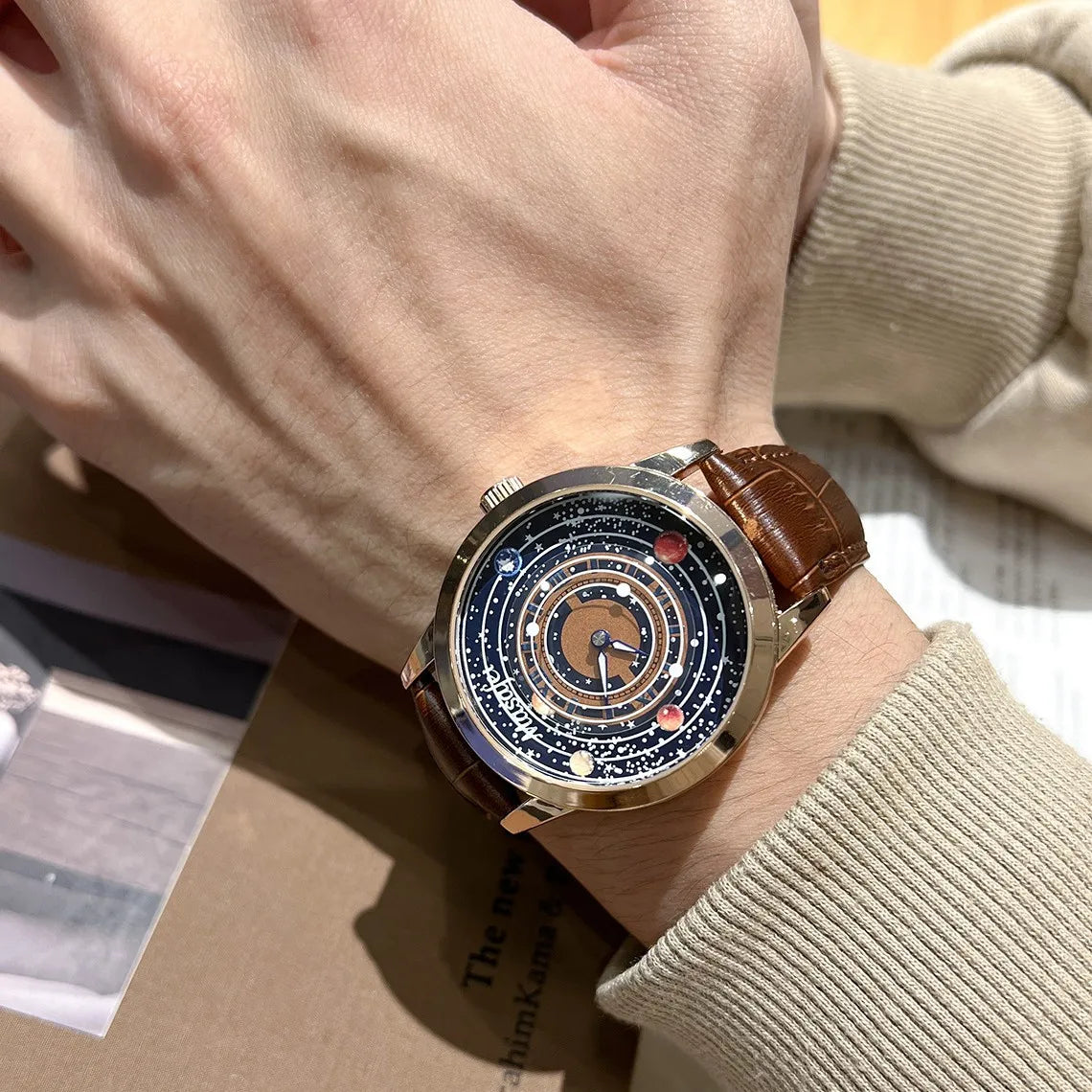Planet Dial Brown Leather Strap Quartz Watch