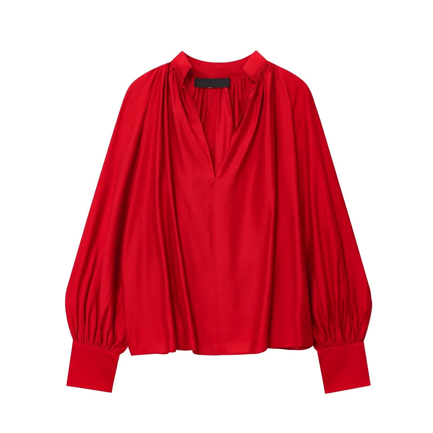 Black Red V Neck Lantern Sleeve Vintage Blouse