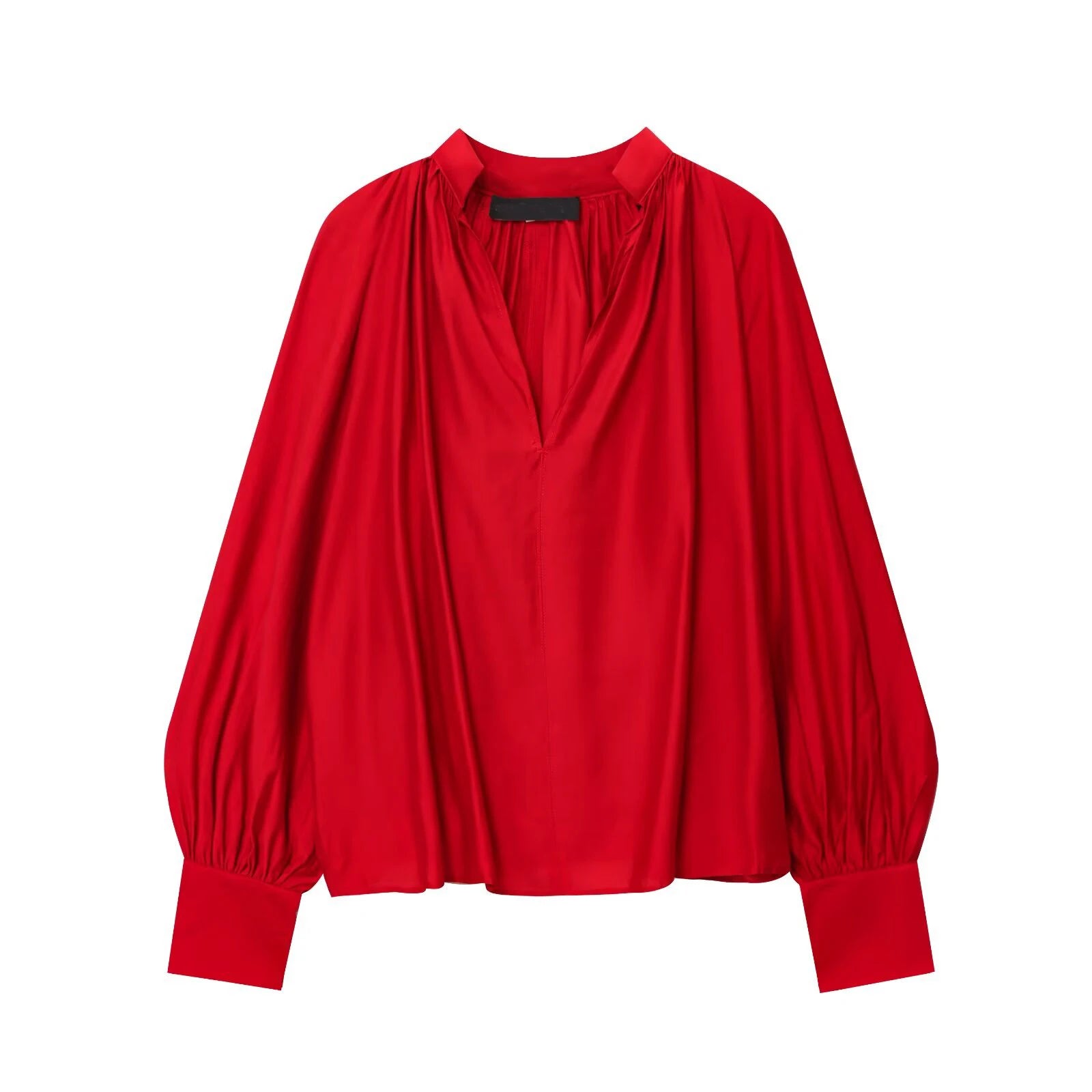 Black Red V Neck Lantern Sleeve Vintage Blouse