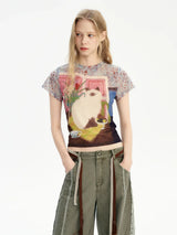 Cheerful Cat Graphic Mesh Summer T-Shirt