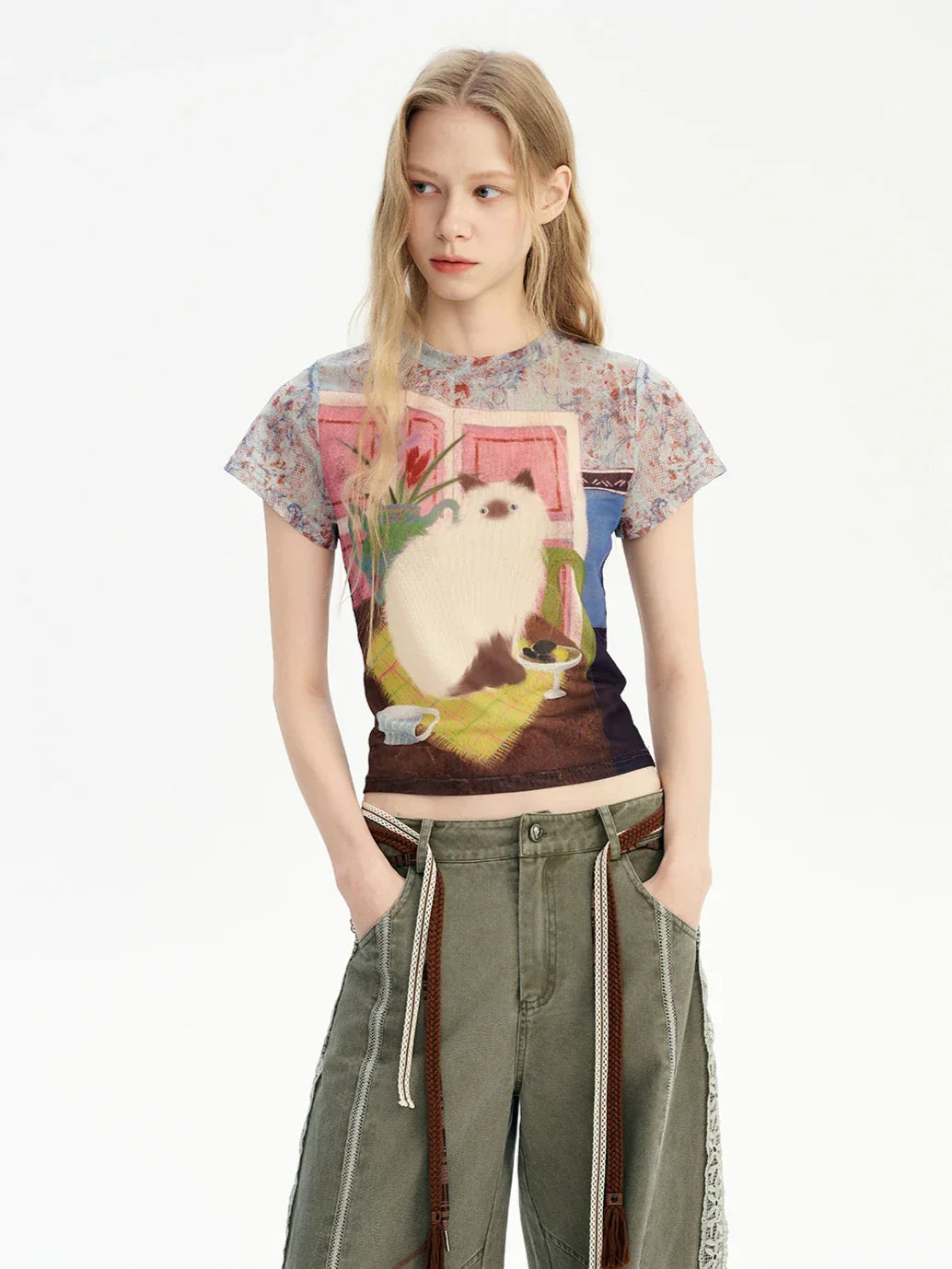 Cheerful Cat Graphic Mesh Summer T-Shirt