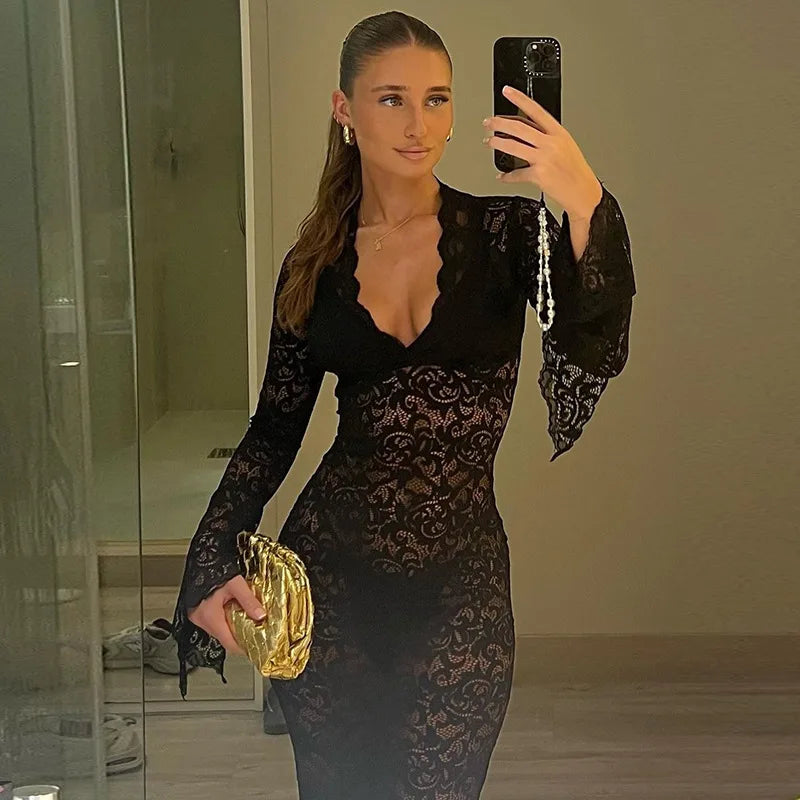Elegant Sheer Lace Maxi Dress