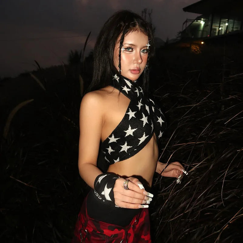 Y2K Star Black Halter Top