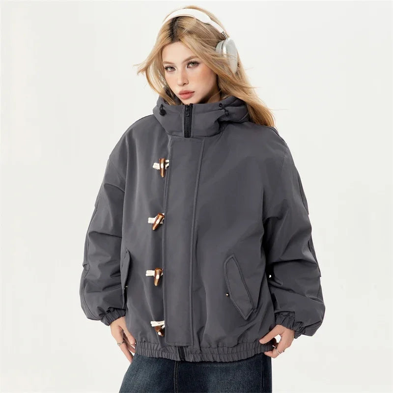 Gray Sided Closure High Collar Puffer Jacket
