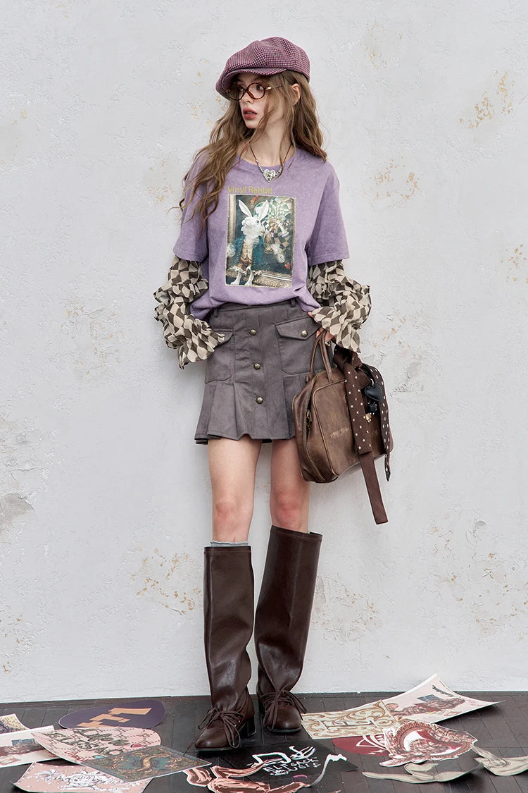 Round Neck Checkered Sleeves T-shirt