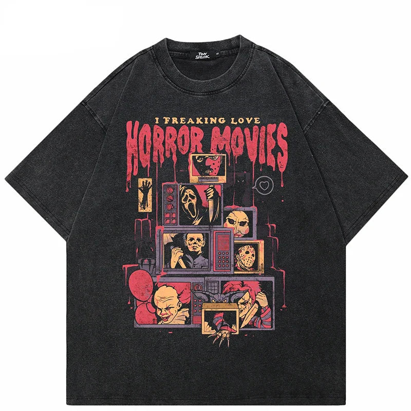 Camiseta Negra Lavada con Gráfico de Fantasma