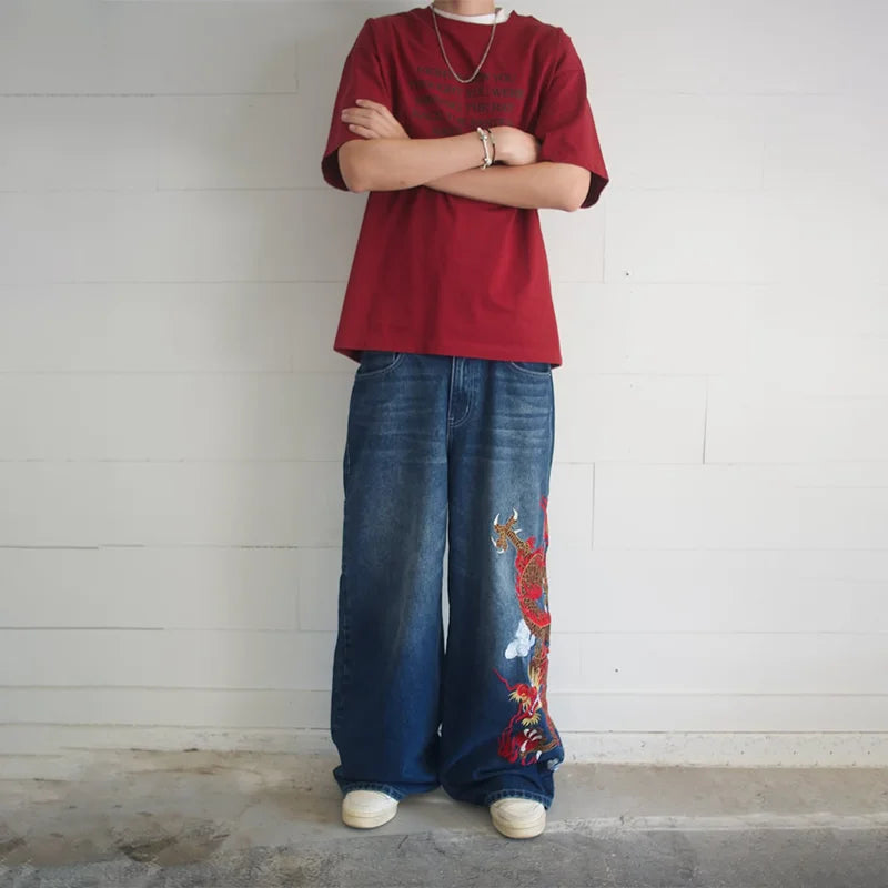 Red Dragon Embroidery Wide Leg Jeans