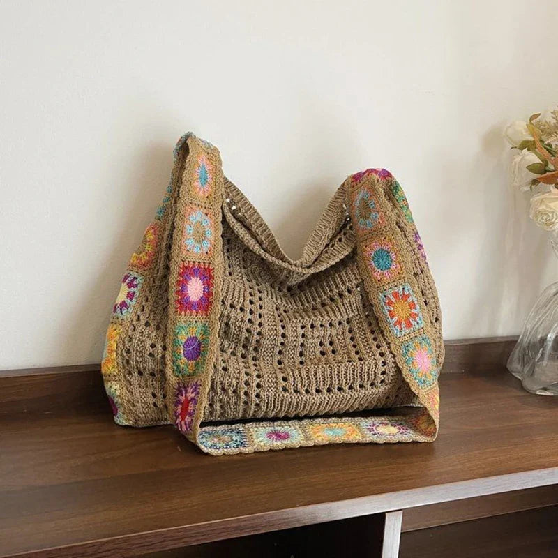 Vintage Boho Tote Bag Floral Crochet Handbag