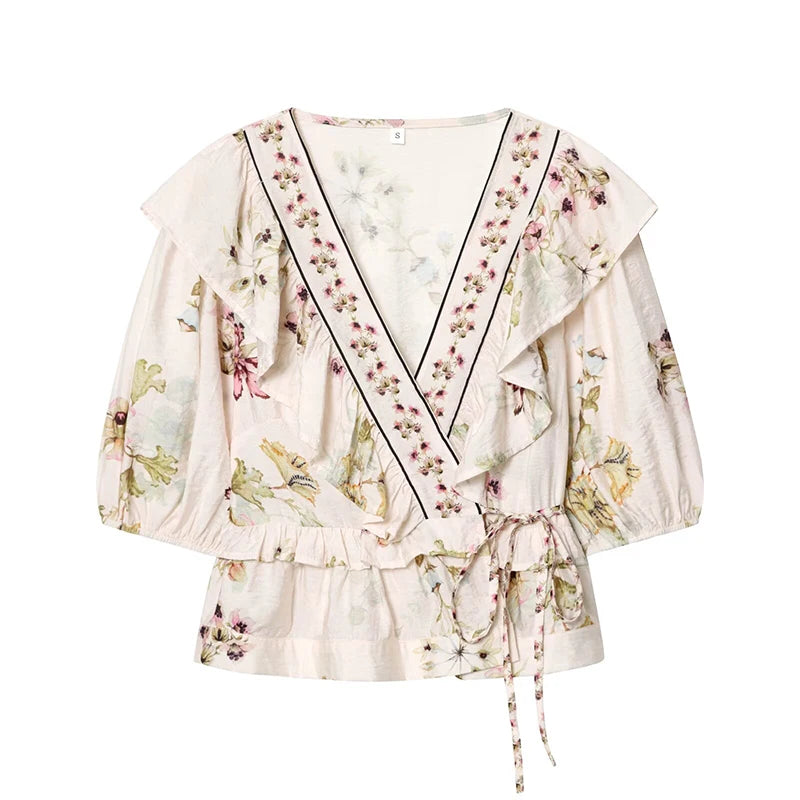 Floral Print Ruffle Wrap Vintage Blouse