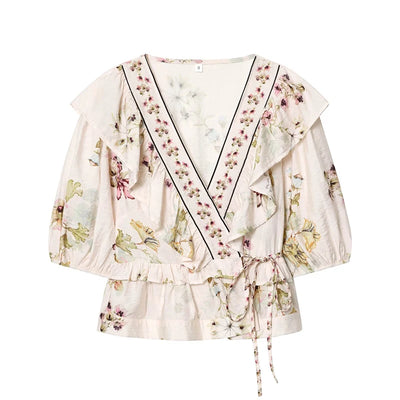 Floral Print Ruffle Wrap Vintage Blouse