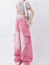 Barbie Core Distressed Cargo Jeans