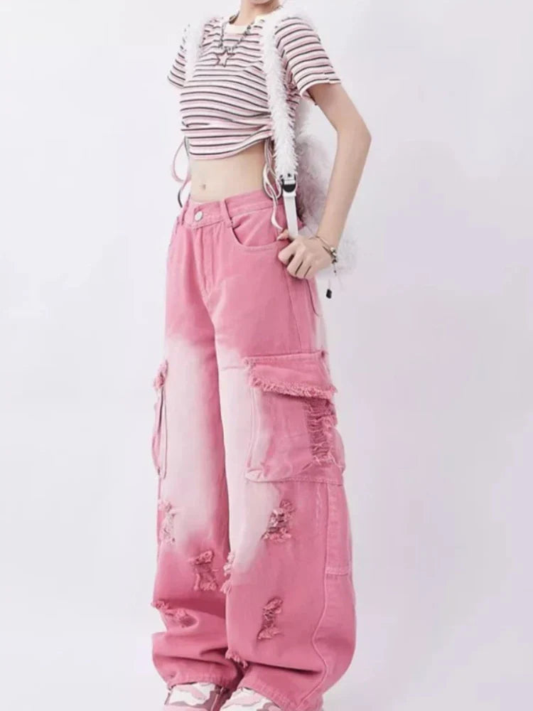 Barbie Core Distressed Cargo Jeans