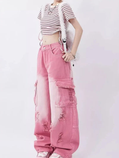 Barbie Core Distressed Cargo Jeans
