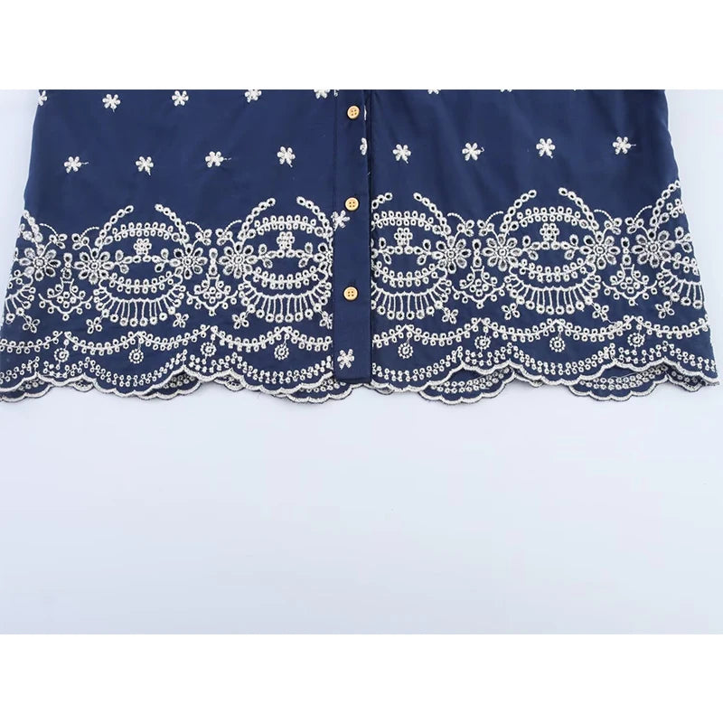 Vintage Sleeve Embroidery Blue Casual Women Shirt