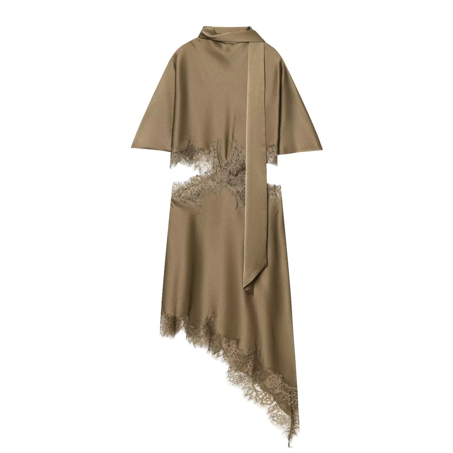 Women Satin Lace Trim Midi Dress With Scarf