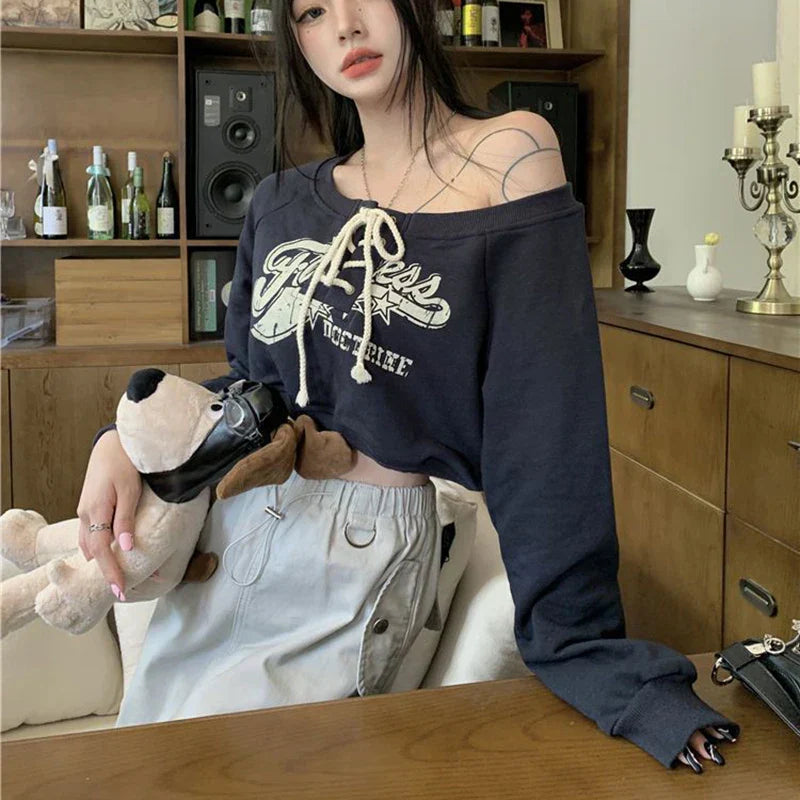 Y2K Vintage Cropped Off-shoulder Sweatshirt