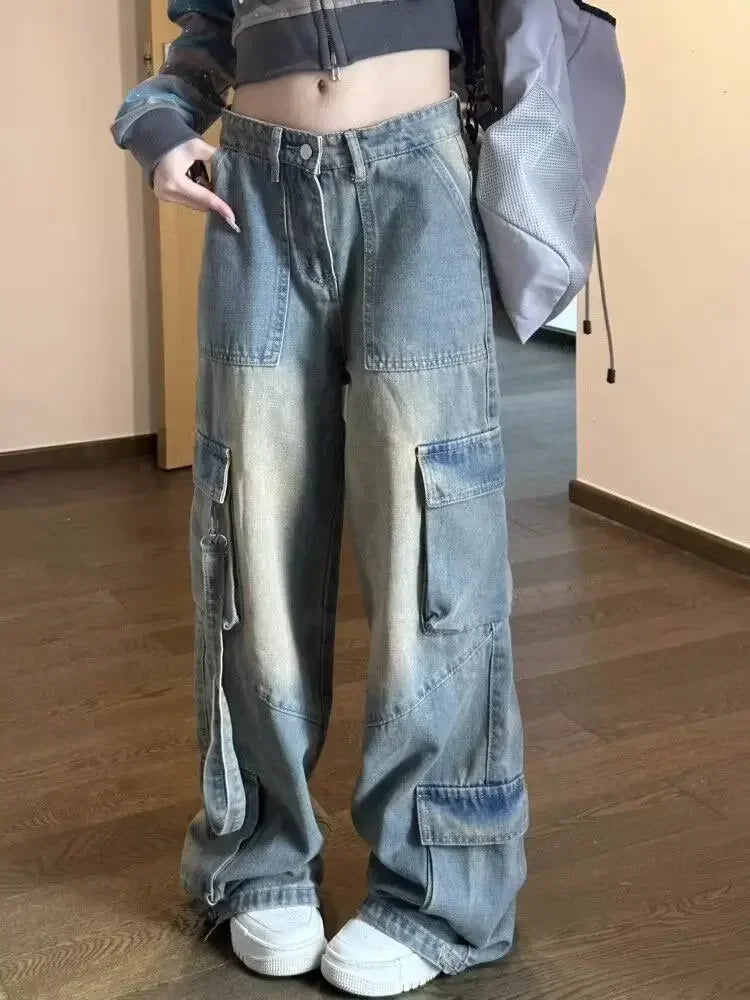 High Waist Denim Cargo Jeans