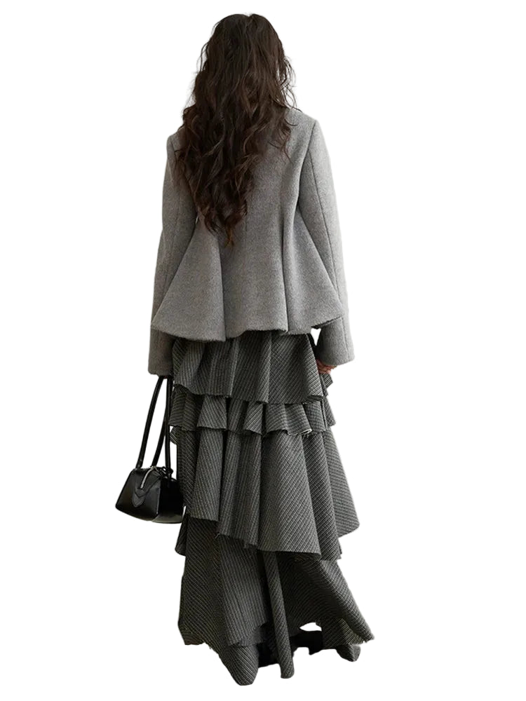 Elegant Grey Striped Ruffled Tiered Skirt