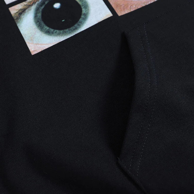 Vintage Eyes Print Black Washed Hoodie