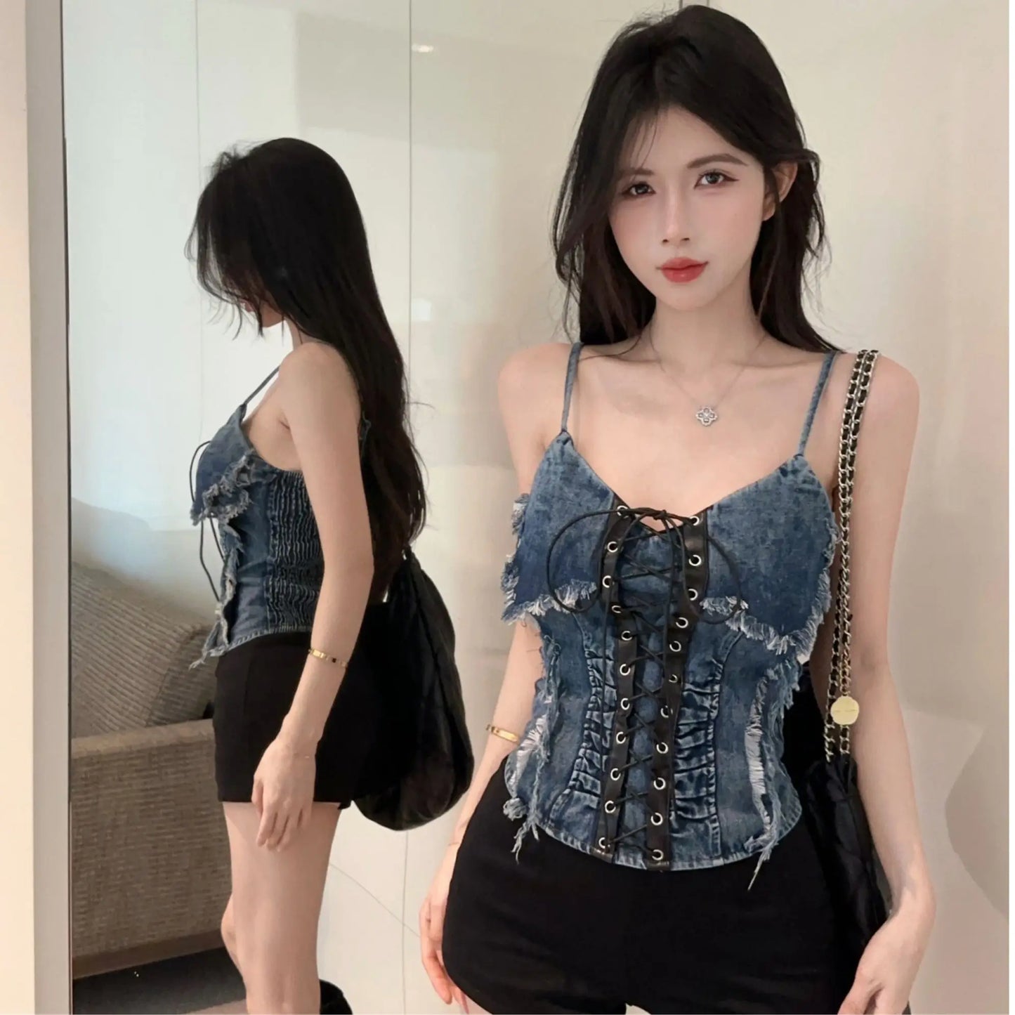 Women Dark Academia Denim Cami Halter Top