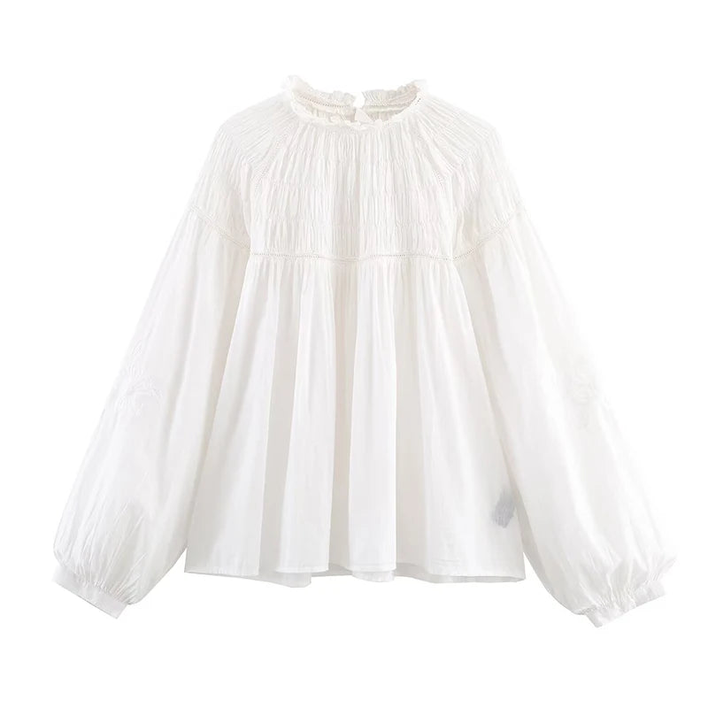 Romantic Honeycomb Smocked White Blouse
