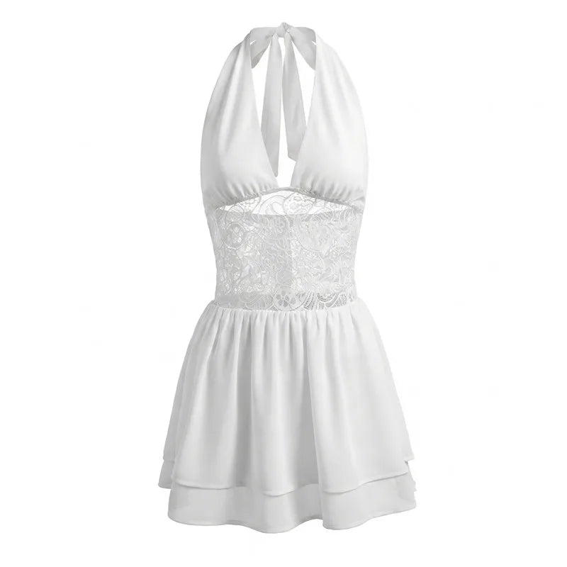 Lace Waist Halter Neck Mini Dress