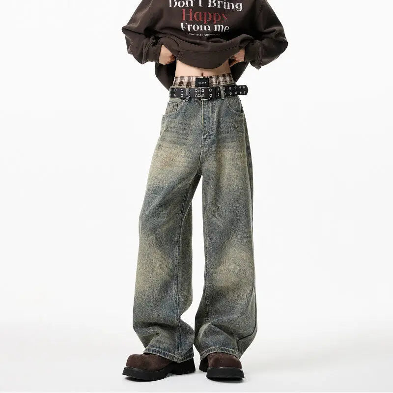Vintage Distressed Washed Wide Leg Jeans