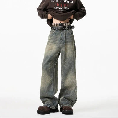 Vintage Distressed Washed Wide Leg Jeans