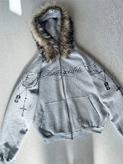 Graphic Faux Fur Zip Up Hoodie