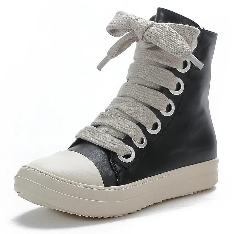 Black Leather Lace Up Casual Thick Bottom Sneakers