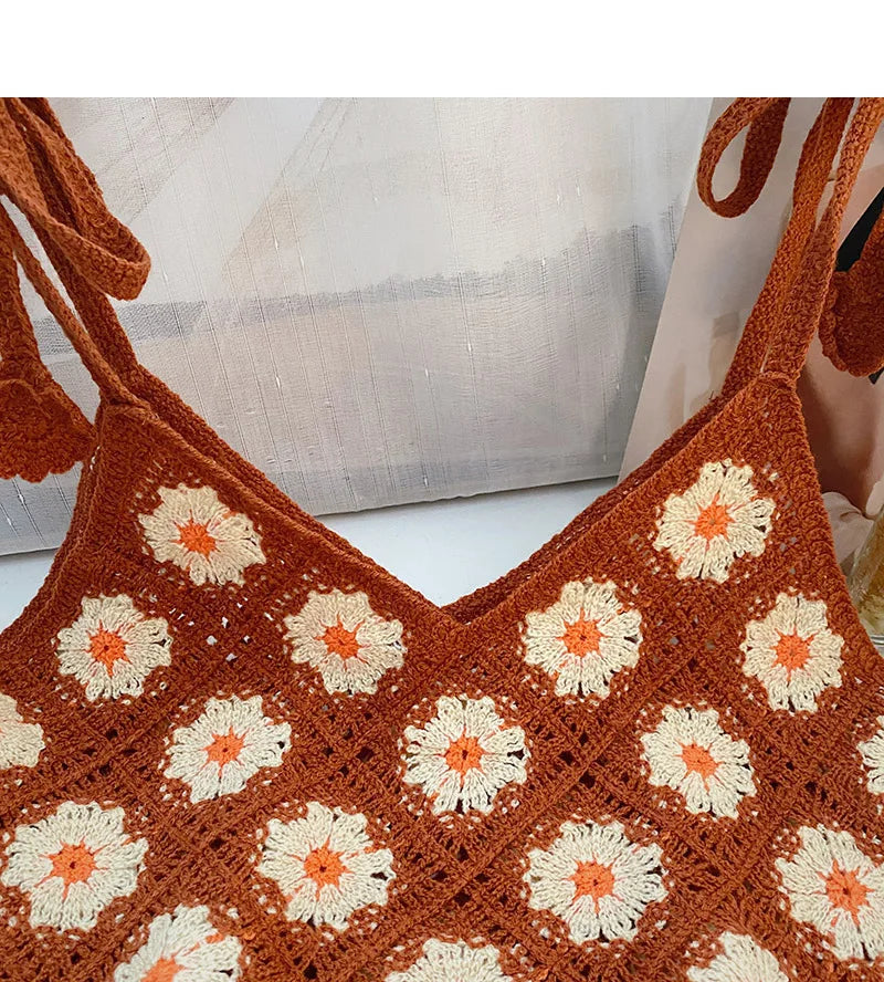 Vintage Floral Crochet Top with Tie Shoulder Strap
