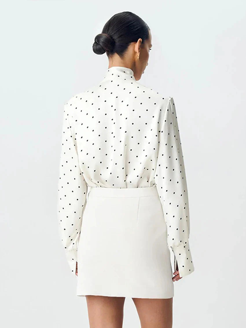 Polka Dot Bow Collar Long Sleeve Blouse